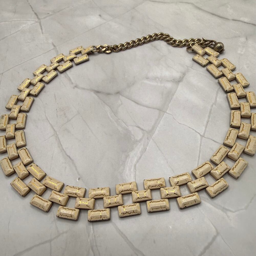 Vintage Circa 1960 Cream Crackle Enamel Brick Link Choker Necklace